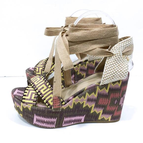 Theodora & Callum by Stuart Weitzman Biarritz Tribal Boho Lace Up Wedge Sandals - Picture 1 of 9